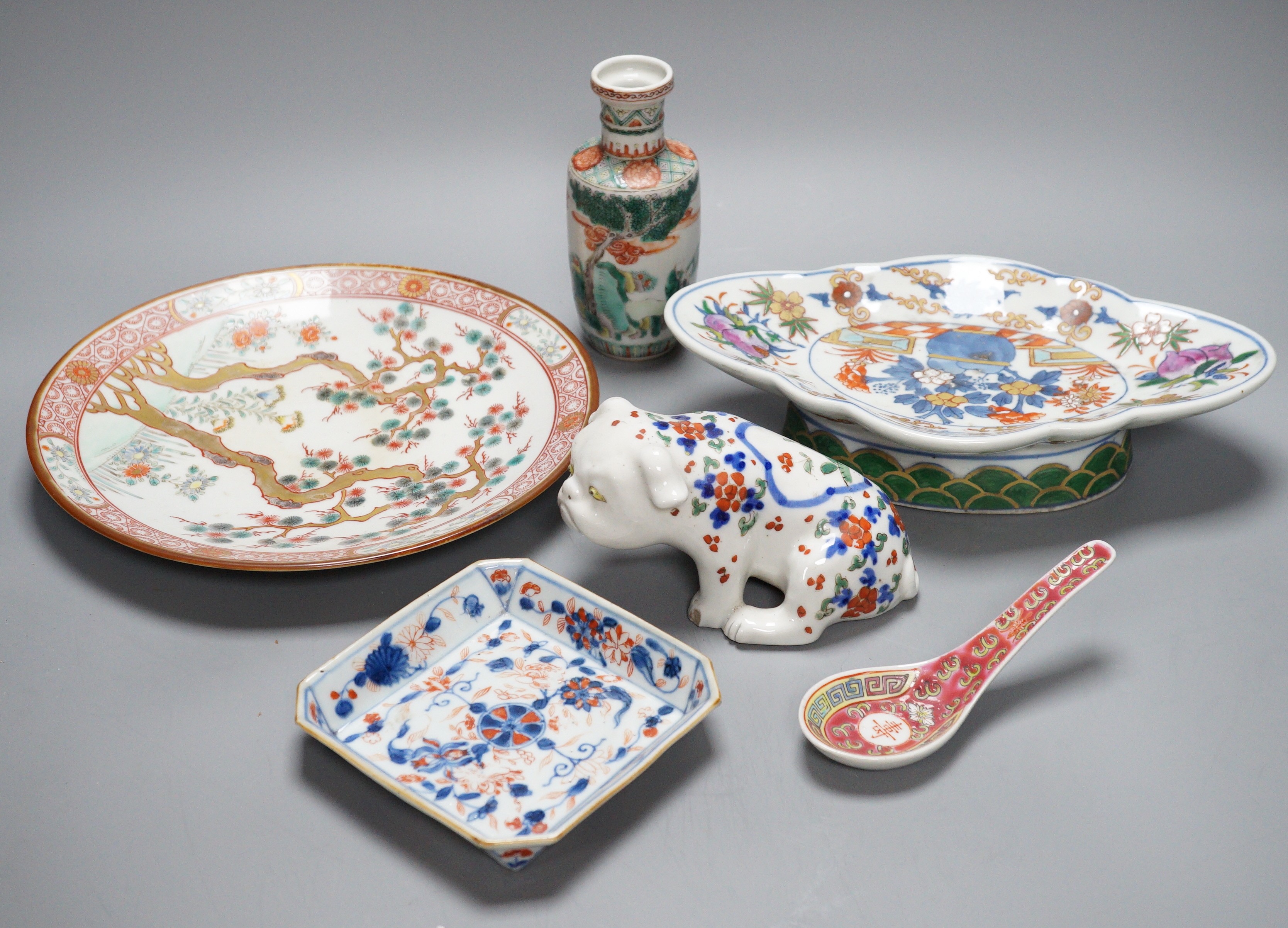 A group of Chinese and Japanese porcelain including an 18th century square Imari dish, a 19th century famille verte vase etc. (6)